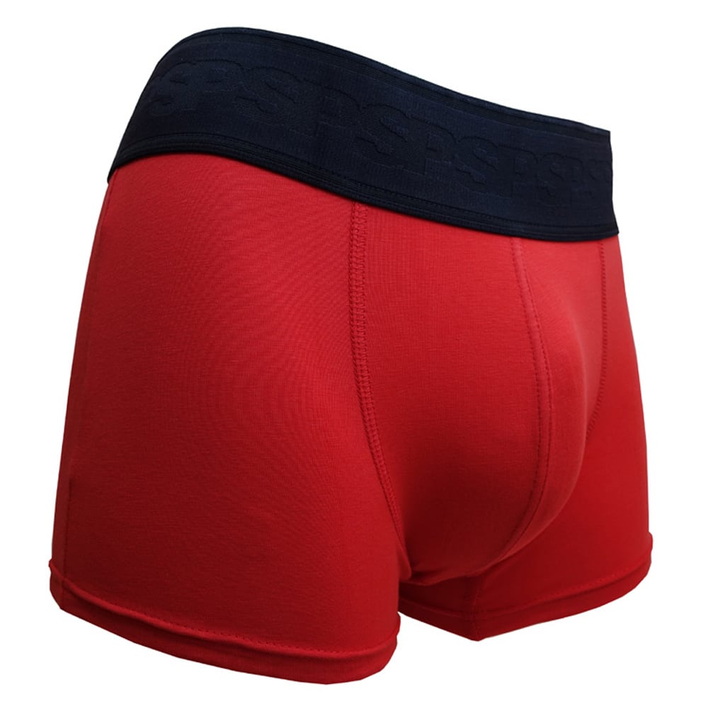 Boxer homme en coton biologique de couleur rouge avec ceinture noire 3/4 face Le Sourire du Plombier
