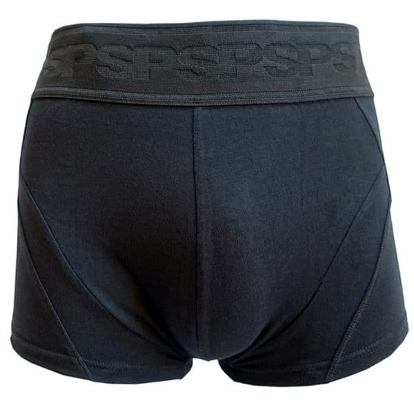 Sous-vêtement homme Le Sourire du Plombier. Boxer noir en micromodal avec ceinture élastique, extra large noire SP. Vue de face.