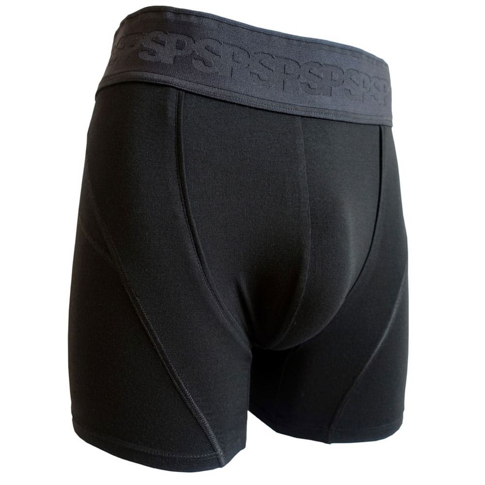 Boxer long noir pour homme, en micromodal avec ceinture SP extra large de 6 cm de large, Le Sourire du Plombier. Vue de 3/4 face.