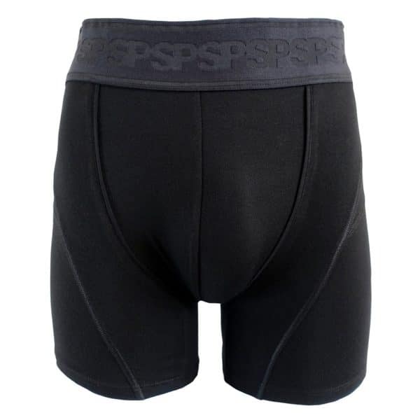 Boxer long noir pour homme, en micromodal avec ceinture SP extra large de 6 cm de large, Le Sourire du Plombier. Vue de face.