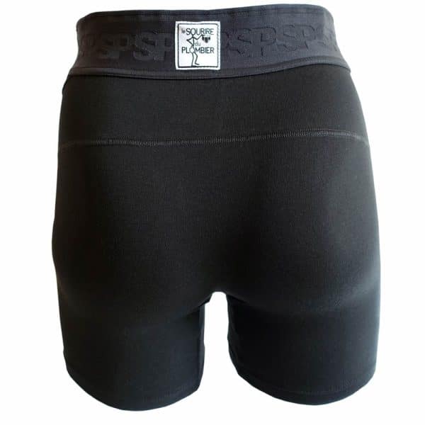 Boxer long noir pour homme, en micromodal avec ceinture SP extra large de 6 cm de large, Le Sourire du Plombier. Vue de dos.