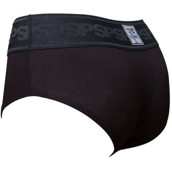 Shorty boxer femme en coton noir avec ceinture élastique extra large SP. Modèle de la marque de sous-vêtement de travail Le Sourire du Plombier. Vue de 3/4 arrière.