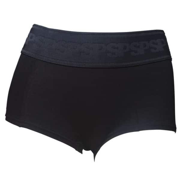 Shorty boxer femme en coton noir avec ceinture élastique extra large SP. Modèle de la marque de sous-vêtement de travail Le Sourire du Plombier. Vue de face.