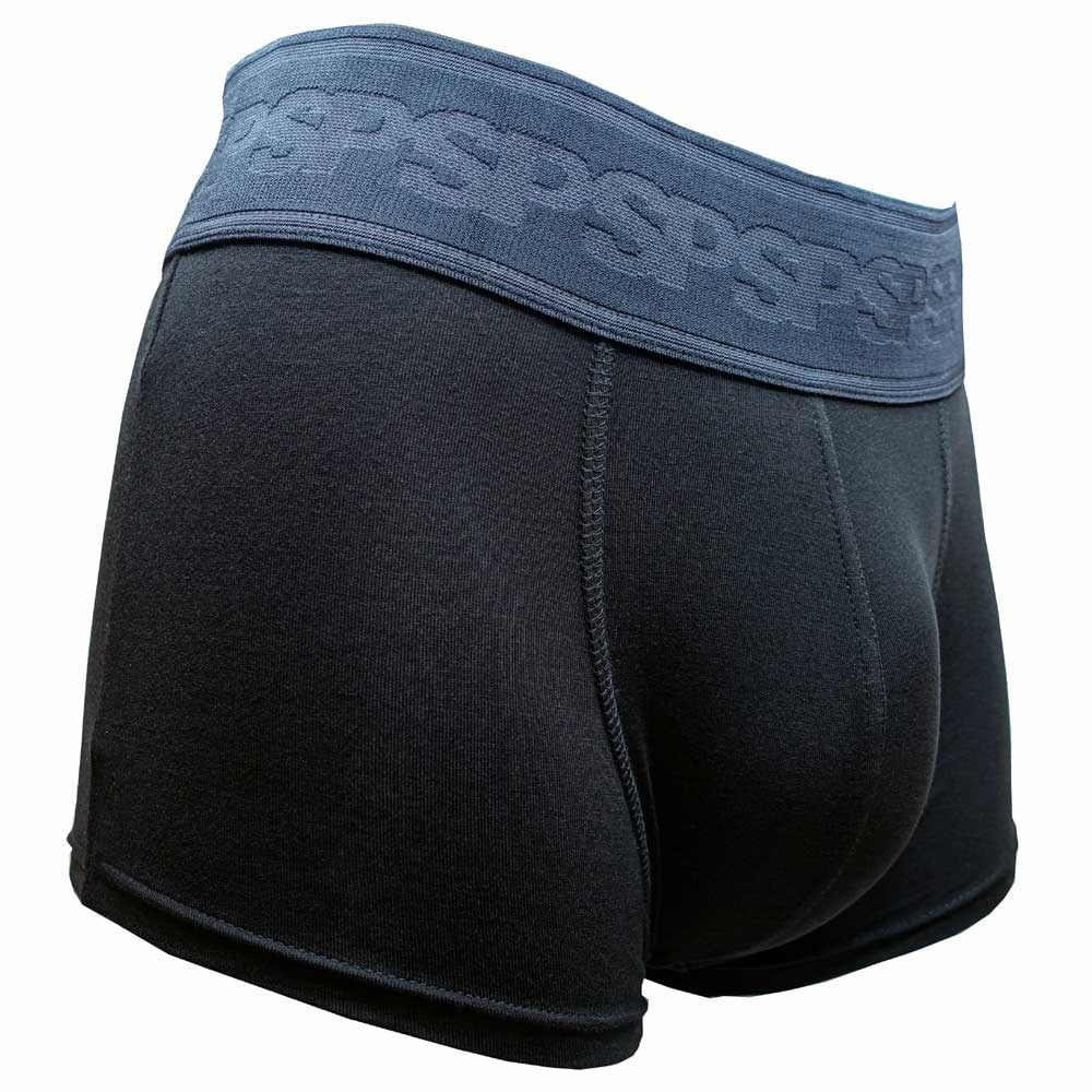 boxer de travail pour homme en coton noir avec ceinture élastique extra large SP, de 6 cm de large. Modèle Le Vitrier de Le Sourire du Plombier de 3/4 face