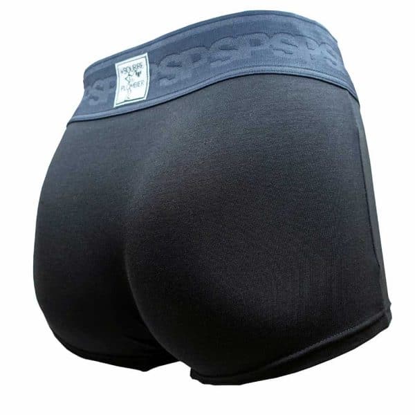 boxer de travail pour homme en coton noir avec ceinture élastique extra large SP, de 6 cm de large. Modèle Le Vitrier de Le Sourire du Plombier de 3/4 arrière